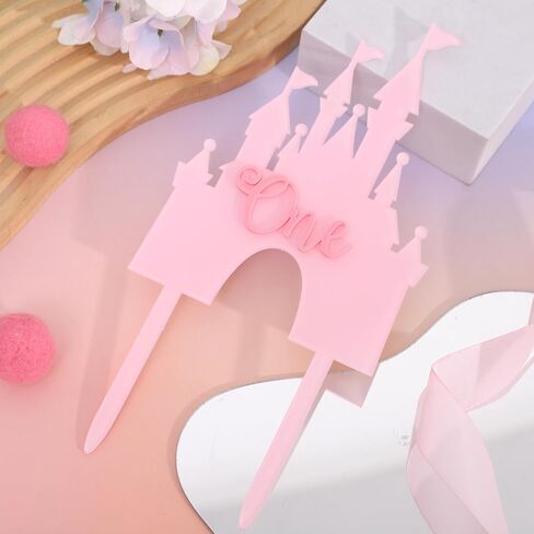 Pink Castle One Cake Topper - ديكورات عيد ميلاد صغيرة الأميرة الأولى ، كعكة عيد ميلاد أكريليك ، توببر ، زفاف الأميرة الأولى للذكرى المركزية ، الدعائم الحلوة السحرية للحفلات (القوس) in Kuwait