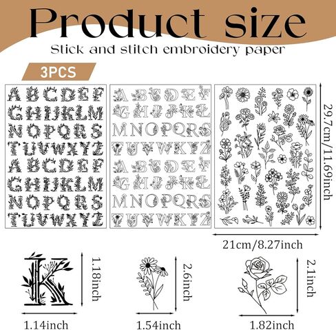 Flower Water Soluble Embroidery Patterns, 3 Sheets 80 Pcs Stick and Stitch Embroidery Papers Wash Away, Transfer Paper with Pre-Printed Floral Leaves Designs for Hand Sewing Lovers Beginners in Kuwait
