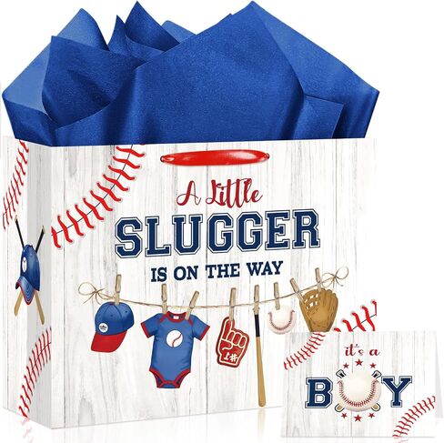 Baseball Baby Shower Birthday Gift Bag for Baby Boys A Little Slugger is On The Way Bag with Wrapping Paper Card Baseball Its A Boy Gift Bag for Sport Baby Shower Birthday Party Supplies in Saudi Arabia