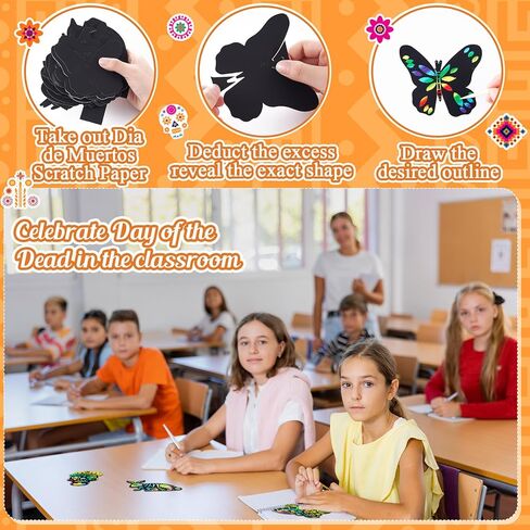 96 PCS Day of the Dead Scratch Paper Kit Dia de los Muertos Sugar Skull Paper Paper Off Cards Day of the Dead For Halloween Scratchs Hanging Warkents Gift Party Classroom Classroom in Saudi Arabia