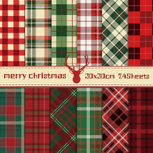 24 Sheets Christmas Pattern Paper Christmas Scrapbook Paper Red Green Collection Plaid Pattern Decorative Craft Papers, for Card Making Photo Album, 11.8 x 11.8 Inch in Saudi Arabia