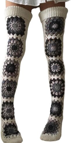Womens Granny Square Over Knee High Socks Crochet Knitted Stockings Tube Long Leg Warmers Cable Thigh High Boot Socks in Kuwait