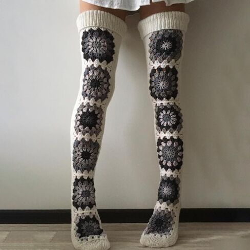 Womens Granny Square Over Knee High Socks Crochet Knitted Stockings Tube Long Leg Warmers Cable Thigh High Boot Socks in Kuwait