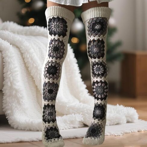 Womens Granny Square Over Knee High Socks Crochet Knitted Stockings Tube Long Leg Warmers Cable Thigh High Boot Socks in Kuwait