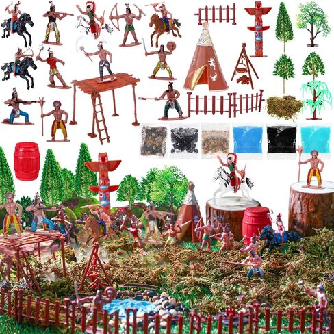 65 Pcs Native American Figurine Set Cowboys and Indians Plastic Figures Action Figure Diorama Include Tree, Moss, Sand, Stone, Mini People Figurines for Project History Education Decoration in Saudi Arabia