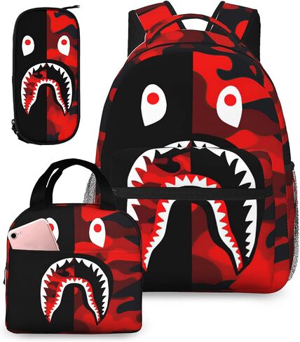 Backpack Shark Teeth Camo Backpacks Set with Lunch Box Pencil Case Travel Laptop Daypack Big Capacity Bookbag Fashion Durable Back Pack StyleSH in Saudi Arabia