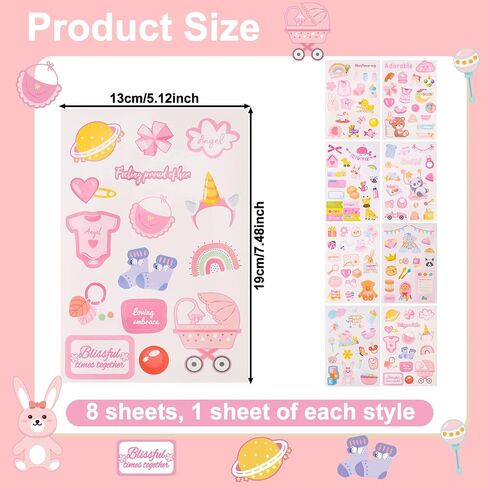 8 Sheets Baby Girl Scrapbook Stickers, Adorable Newborn Toddler Stickers Pregnancy Planner Decors Baby Shower Decal for Scrapbooking Planning Babies Book Paper Supplies in Saudi Arabia