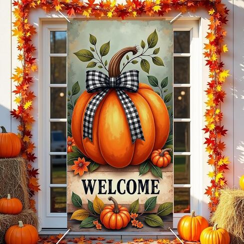 Fall Door Banner Decorations Welcome Fall Front Door Cover Scarecrow Pumpkin Door Hanging Porch Sign for Indoor Outdoor Harvest Thanksgiving Party Supplies in Saudi Arabia