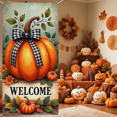 Fall Door Banner Decorations Welcome Fall Front Door Cover Scarecrow Pumpkin Door Hanging Porch Sign for Indoor Outdoor Harvest Thanksgiving Party Supplies in Saudi Arabia