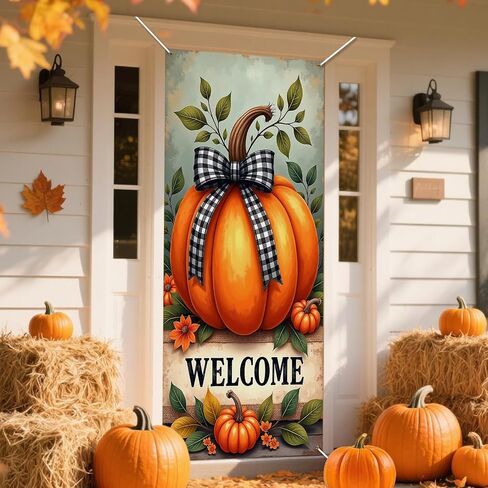Fall Door Banner Decorations Welcome Fall Front Door Cover Scarecrow Pumpkin Door Hanging Porch Sign for Indoor Outdoor Harvest Thanksgiving Party Supplies in Saudi Arabia