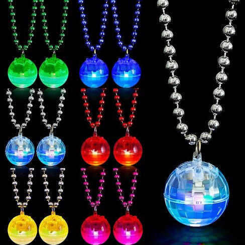 Sasylvia 12 PCS LED Disco Ball Nceplaces Light Up Mardi Gras Bead Netlaces 70s Disco Party Favors Glow في إكسسوارات أزياء المجوهرات المظلمة للخرز لتوفيات الرقص الحزبية (الفضة ، الملونة) in Saudi Arabia