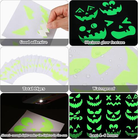 16 Pieces Halloween Luminous Pumpkin Sticker Fluorescent Green Decals Sticker Glow in The Dark Window Wall Door Stickers Decorating Craft Kits for Halloween Party Decorations Supplies in Saudi Arabia