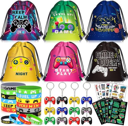 Video Game Party Favors Kids Gamer Birthday Party Supplies Drawstring Bag Silicone Bracelet Glow in Dark Tattoo Sticker Keychain Gamer Party Favors Gaming Birthday Goodie Bag Stuffers in Saudi Arabia