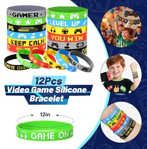 Video Game Party Favors Kids Gamer Birthday Party Supplies Drawstring Bag Silicone Bracelet Glow in Dark Tattoo Sticker Keychain Gamer Party Favors Gaming Birthday Goodie Bag Stuffers in Saudi Arabia