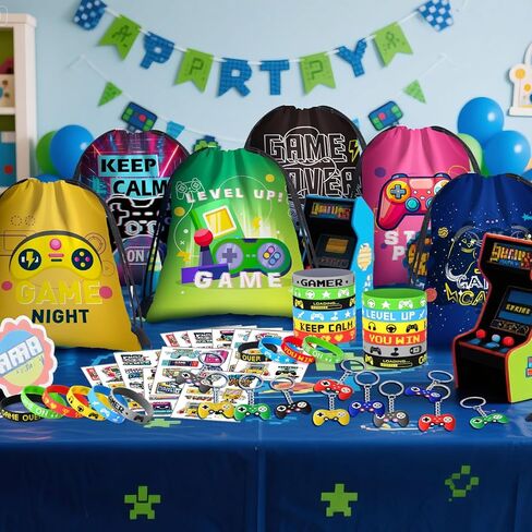 Video Game Party Favors Kids Gamer Birthday Party Supplies Drawstring Bag Silicone Bracelet Glow in Dark Tattoo Sticker Keychain Gamer Party Favors Gaming Birthday Goodie Bag Stuffers in Saudi Arabia