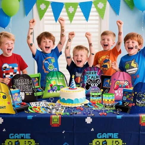 Video Game Party Favors Kids Gamer Birthday Party Supplies Drawstring Bag Silicone Bracelet Glow in Dark Tattoo Sticker Keychain Gamer Party Favors Gaming Birthday Goodie Bag Stuffers in Saudi Arabia