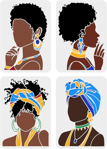 FINGERINSPIRE 4 Pcs Beauty African Tribal Girl Painting Stencils 11.7x8.3 inch Young Girl Face Silhouette Stencil Reusable PET Hollow Out Craft Template for Painting on Wall Wood Furniture in Saudi Arabia