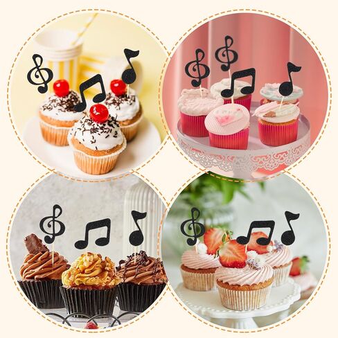 30pcs ملاحظات موسيقى كب كيك ، وألواح الموسيقى ، ديكورات الحفلات ، والرمز الموسيقي الأسود بريق كب كيك ، لموسيقى موسيقى الروك موسيقية حفل زفاف طفل لوازم حفلة عيد ميلاد in Saudi Arabia