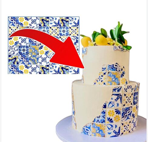 Mediterranean Tile Pattern Cake Topper, 8x10 inches, Blue and Yellow Design, Bridal Shower Party Decoration in Saudi Arabia