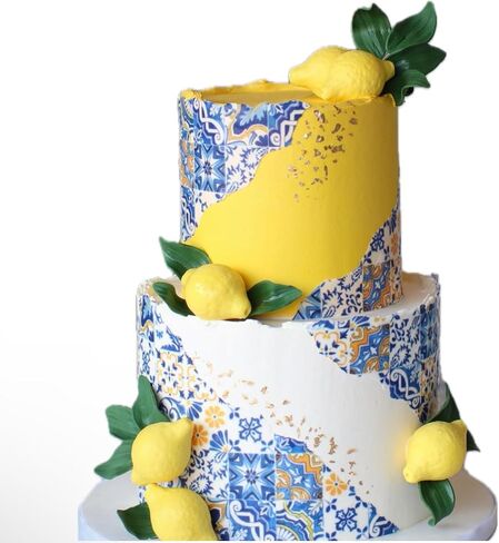 Mediterranean Tile Pattern Cake Topper, 8x10 inches, Blue and Yellow Design, Bridal Shower Party Decoration in Saudi Arabia