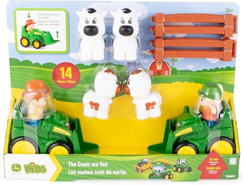 TOMY The Cows are Out! Farm Playset for Kids - Toddler Farm Set includes John Deere Tractor Toys with Front Loaders, Fencing, 2 Farmer Action Figures, and 4 Cow Toys - 14 Count - Ages 18 Months and Up in Saudi Arabia