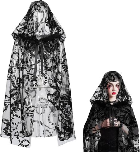 Halloween Witch Black Lace Hooded Cloak for Women Gothic Short Sheer Cape Vampire Cloak for Halloween Cosplay Costume Party in Saudi Arabia