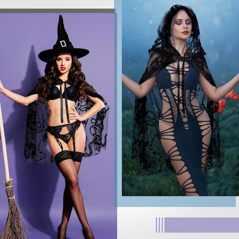 Halloween Witch Black Lace Hooded Cloak for Women Gothic Short Sheer Cape Vampire Cloak for Halloween Cosplay Costume Party in Saudi Arabia