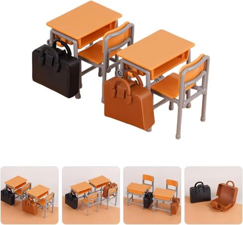 Hemoton Miniature Dollhouse School Desk Chair Set with School Bags - 2 Tables, 2 Chairs, 2 Bags - Perfect for Dollhouse Decor, Mini Supplies, and Collectors in Saudi Arabia