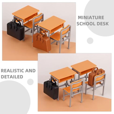 Hemoton Miniature Dollhouse School Desk Chair Set with School Bags - 2 Tables, 2 Chairs, 2 Bags - Perfect for Dollhouse Decor, Mini Supplies, and Collectors in Saudi Arabia