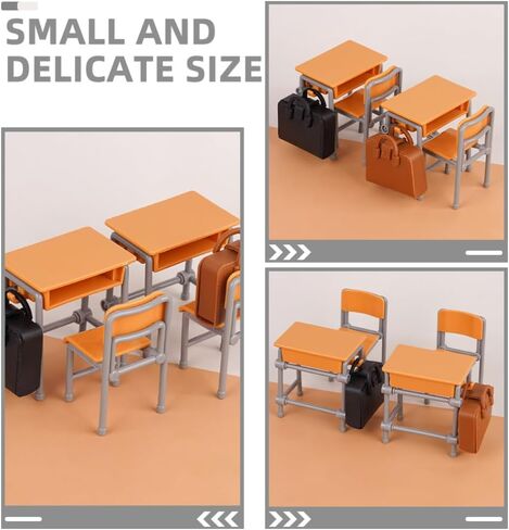 Hemoton Miniature Dollhouse School Desk Chair Set with School Bags - 2 Tables, 2 Chairs, 2 Bags - Perfect for Dollhouse Decor, Mini Supplies, and Collectors in Saudi Arabia