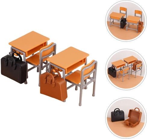Hemoton Miniature Dollhouse School Desk Chair Set with School Bags - 2 Tables, 2 Chairs, 2 Bags - Perfect for Dollhouse Decor, Mini Supplies, and Collectors in Saudi Arabia