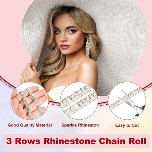 Patikil 6 ياردة لفة سلسلة Rhinestone ، 3 صفوف من سلسلة Crystal Close Stain Bling Seleing Trim Strip لحرف الملابس ، زخرفة الأزياء DIY ، زخرفة حافة الأكياس ، الفضة/AB ملونة in Kuwait