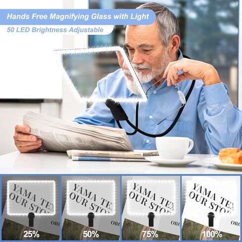 يدي كبيرة خالية من الزجاج المكبرة مع مكبّر الصفحة الكاملة الخفيفة للقراءة مع 50 مصابيح LED فائقة الفطريات وزجاجًا مرنًا للرقبة مع الضوء لإصلاح الخياطة منخفضة الرؤية المسنين in Kuwait