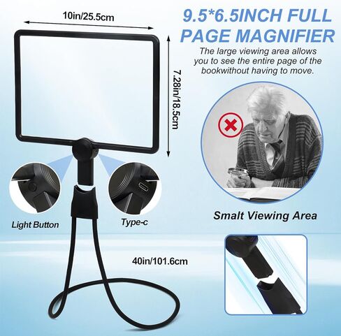 يدي كبيرة خالية من الزجاج المكبرة مع مكبّر الصفحة الكاملة الخفيفة للقراءة مع 50 مصابيح LED فائقة الفطريات وزجاجًا مرنًا للرقبة مع الضوء لإصلاح الخياطة منخفضة الرؤية المسنين in Kuwait