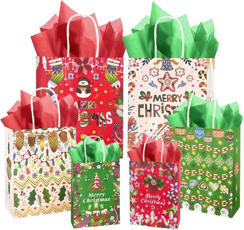 Qiqee 30pcs عيد الميلاد الكوخ الأكياس مع مقابض أحجام متنوعة أكياس عيد الميلاد (كبيرة 10.2 '' × 13 '' × 5.5 '' ، متوسطة -8.7 '' × 10.6 '' × 4.3 '' ، small-6.3 '× 8.7' × 3.1 '/ 30pcs tissue) in Saudi Arabia