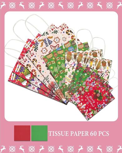 Qiqee 30pcs عيد الميلاد الكوخ الأكياس مع مقابض أحجام متنوعة أكياس عيد الميلاد (كبيرة 10.2 '' × 13 '' × 5.5 '' ، متوسطة -8.7 '' × 10.6 '' × 4.3 '' ، small-6.3 '× 8.7' × 3.1 '/ 30pcs tissue) in Saudi Arabia