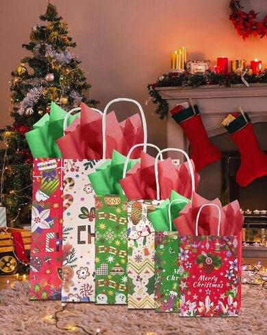 Qiqee 30pcs عيد الميلاد الكوخ الأكياس مع مقابض أحجام متنوعة أكياس عيد الميلاد (كبيرة 10.2 '' × 13 '' × 5.5 '' ، متوسطة -8.7 '' × 10.6 '' × 4.3 '' ، small-6.3 '× 8.7' × 3.1 '/ 30pcs tissue) in Saudi Arabia