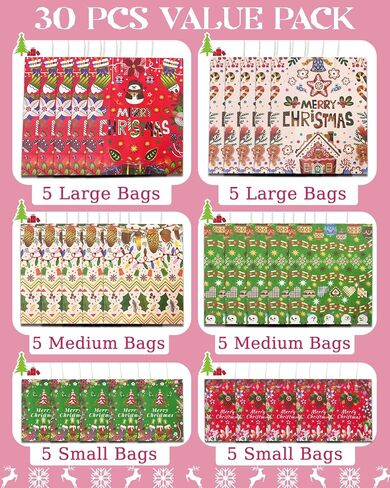 Qiqee 30pcs عيد الميلاد الكوخ الأكياس مع مقابض أحجام متنوعة أكياس عيد الميلاد (كبيرة 10.2 '' × 13 '' × 5.5 '' ، متوسطة -8.7 '' × 10.6 '' × 4.3 '' ، small-6.3 '× 8.7' × 3.1 '/ 30pcs tissue) in Saudi Arabia
