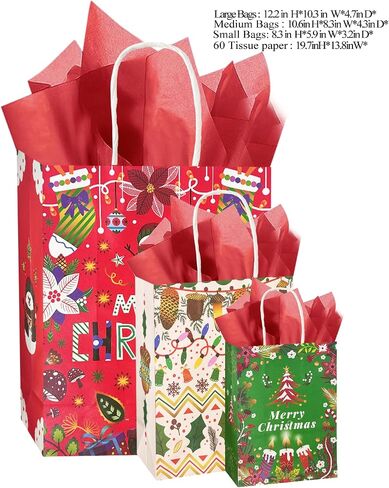 Qiqee 30pcs عيد الميلاد الكوخ الأكياس مع مقابض أحجام متنوعة أكياس عيد الميلاد (كبيرة 10.2 '' × 13 '' × 5.5 '' ، متوسطة -8.7 '' × 10.6 '' × 4.3 '' ، small-6.3 '× 8.7' × 3.1 '/ 30pcs tissue) in Saudi Arabia
