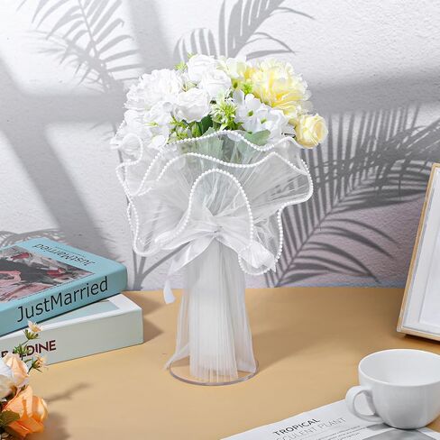TIESOME 4 Yards White Flower Wrapping Mesh Paper, Pearl Edge Bouquet Packaging Paper Wrinkled Translucent Ruffled Yarn Floral Mesh for Party Favor Decor Flower Bouquets Gift Packaging in Saudi Arabia