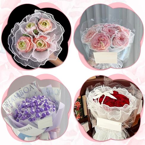 TIESOME 4 Yards White Flower Wrapping Mesh Paper, Pearl Edge Bouquet Packaging Paper Wrinkled Translucent Ruffled Yarn Floral Mesh for Party Favor Decor Flower Bouquets Gift Packaging in Saudi Arabia
