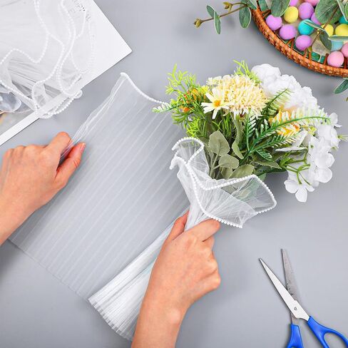 TIESOME 4 Yards White Flower Wrapping Mesh Paper, Pearl Edge Bouquet Packaging Paper Wrinkled Translucent Ruffled Yarn Floral Mesh for Party Favor Decor Flower Bouquets Gift Packaging in Saudi Arabia