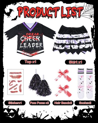Zombie Cheerleader Costume for Girls - Scary Dead Cheerless Costume for Halloween Outfit Dress up Parties Cosplay in Kuwait