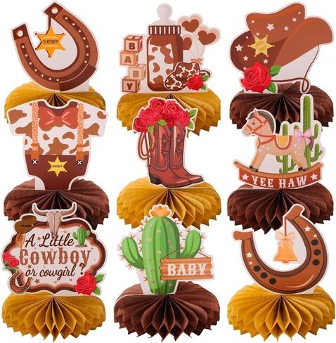 9pcs A Little Cowgirl' s First Rodeo Honeycomb Centerpieces Wild West First Birthday Party Table Decorations Western Cowgirl Tabletop Centerpieces Baby Shower One Birthday Table Topper Sign Decors in Kuwait