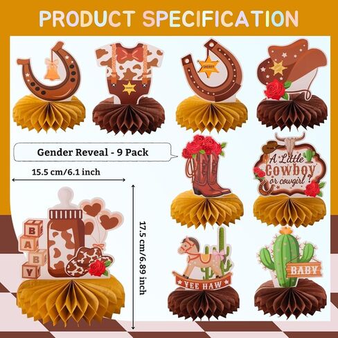 9pcs A Little Cowgirl' s First Rodeo Honeycomb Centerpieces Wild West First Birthday Party Table Decorations Western Cowgirl Tabletop Centerpieces Baby Shower One Birthday Table Topper Sign Decors in Kuwait