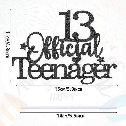 13th Official Teenager Cake Topper, Double Sides Glitter 13 Birthday Cake Pick Decorations Happy Birthday Party Supplies Decorations for Teen Boys Girls (Black) in Saudi Arabia