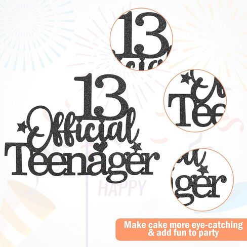 13th Official Teenager Cake Topper, Double Sides Glitter 13 Birthday Cake Pick Decorations Happy Birthday Party Supplies Decorations for Teen Boys Girls (Black) in Saudi Arabia