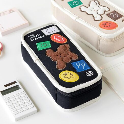 Poodle Beige Pencil Case with Ample Storage Embroidery Design Pencil Pouch for Students, Simple Design Stationery Organizer in Kuwait