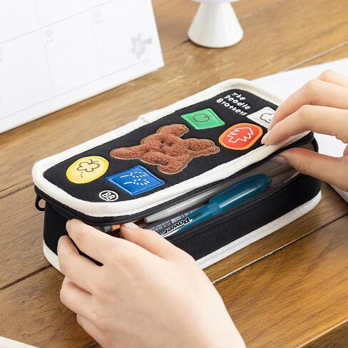 Poodle Beige Pencil Case with Ample Storage Embroidery Design Pencil Pouch for Students, Simple Design Stationery Organizer in Kuwait