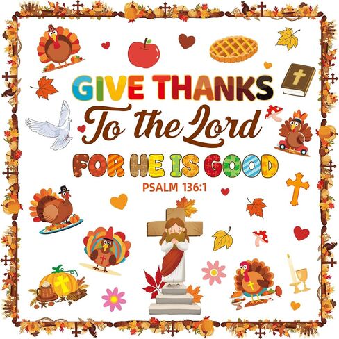 Fancy Land Thanksgiving Religious Bulletin Board Set for Classroom Decorations Fall Christian Jesus Turkey Cutouts for Autumn Harvest Church Sunday School Chalkboard Wall Door Decor 80Pcs in Saudi Arabia